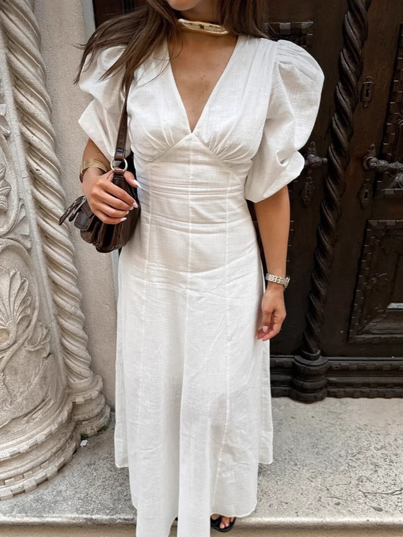 Romantic White V-Neck Puff Sleeve Midi Dress – A-Line