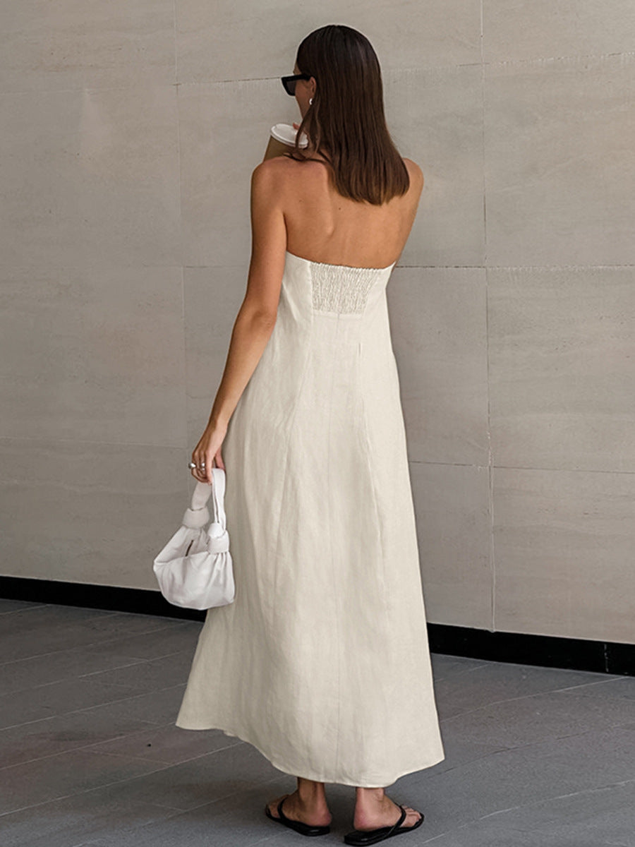 Sultry Khaki Linen Strapless Tube Dress
