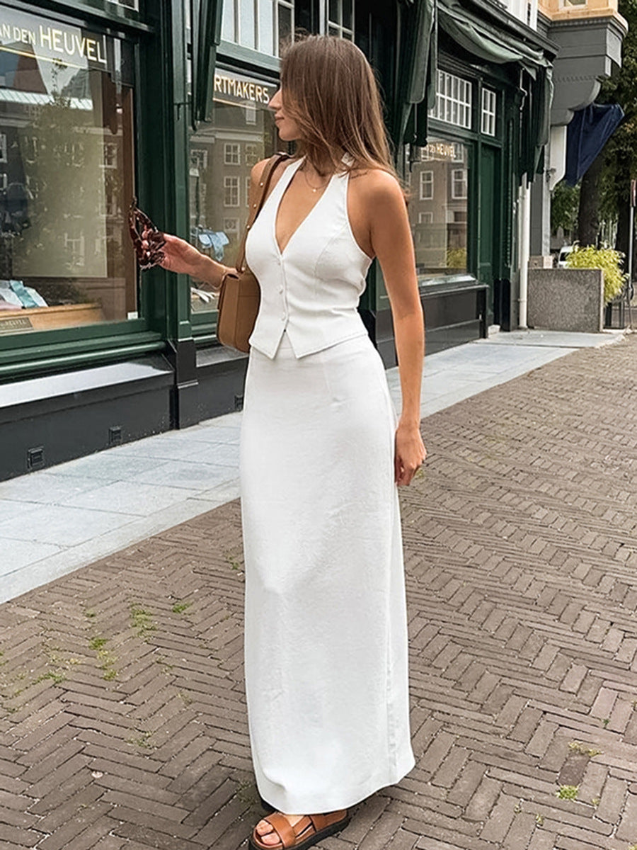 Chic Linen Halter Top & Maxi Skirt Two-Piece Set
