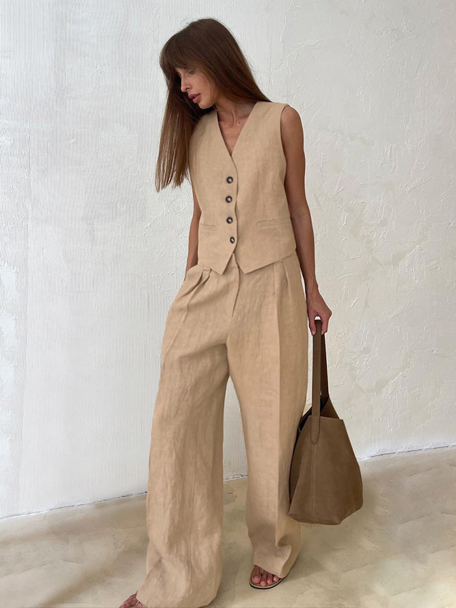 Quiet Luxury Khaki Linen Vest & Trousers Set