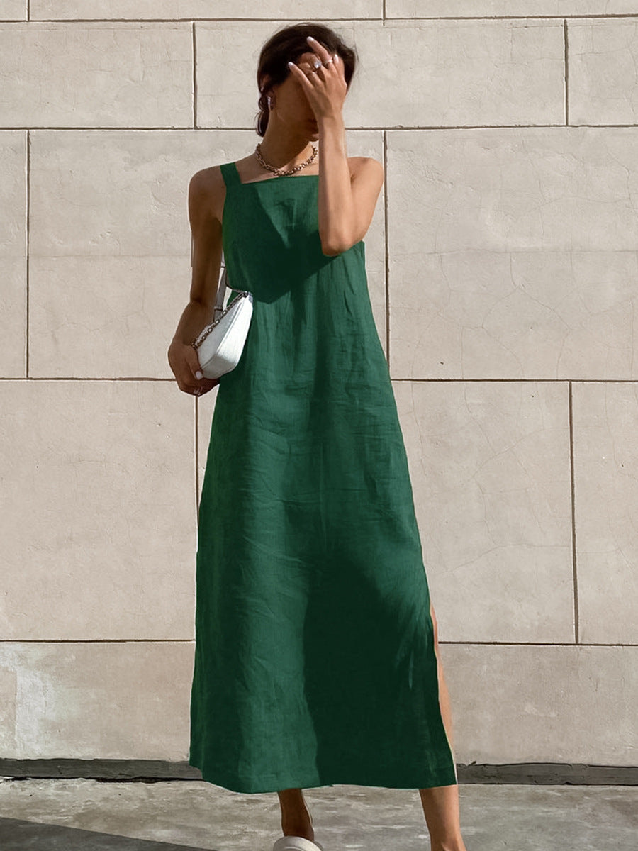 Parisian Chic Split Linen Tank Midi Dress