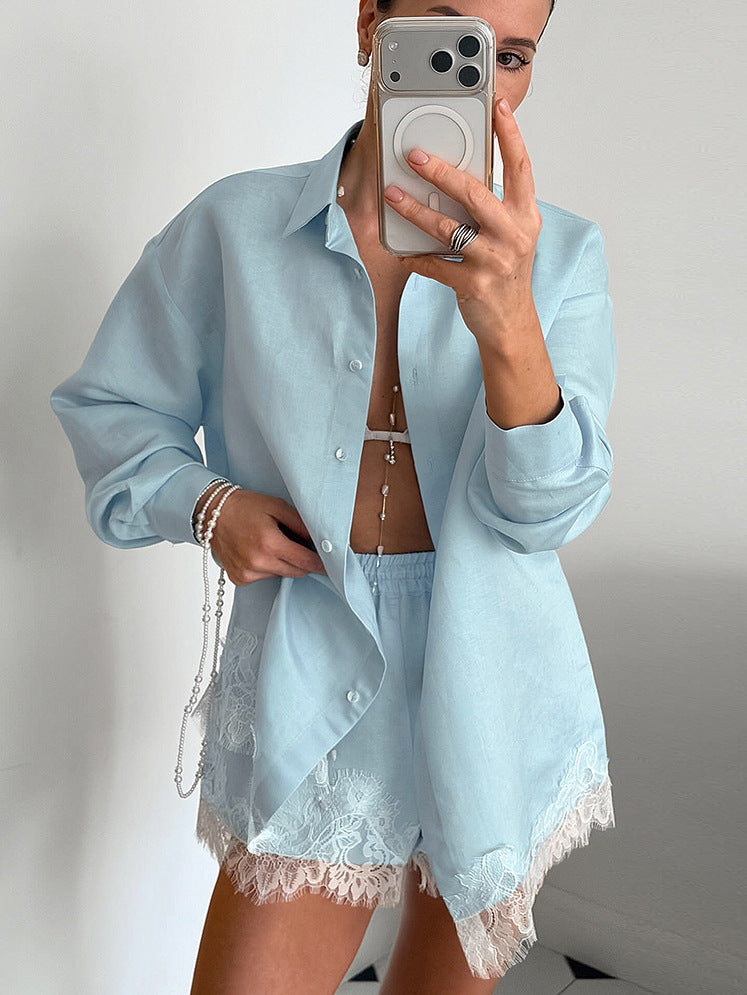 Boho Lace Patchwork Long Sleeve Shirt & Shorts Set