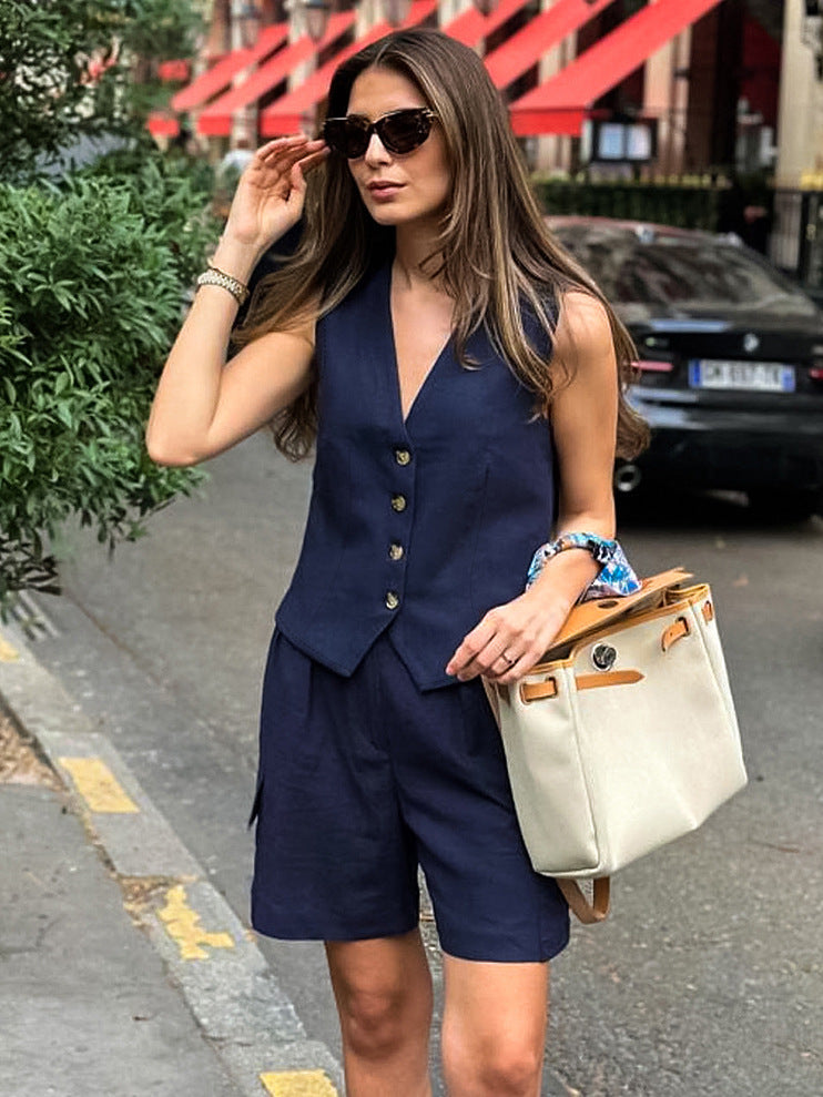 Navy Linen Sleeveless Vest & Shorts Set