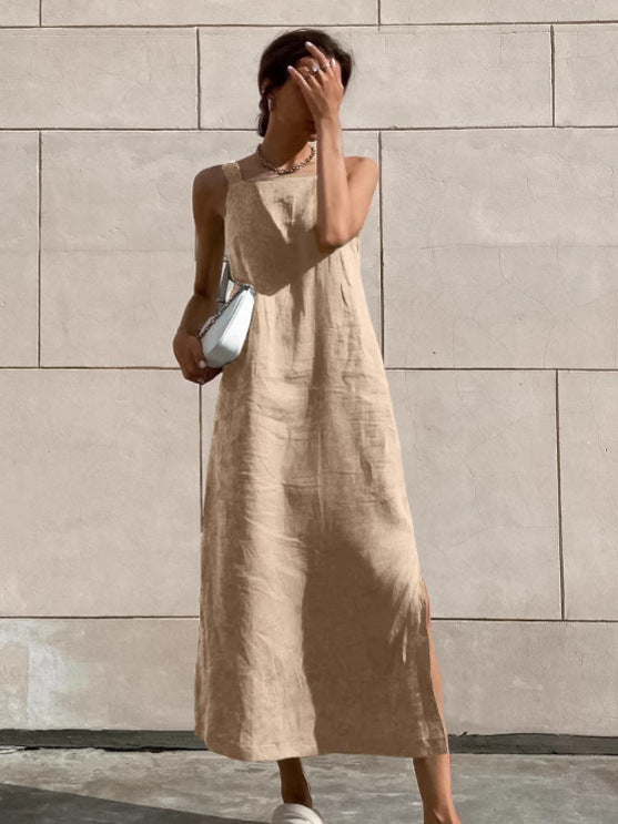 Parisian Chic Split Linen Tank Midi Dress
