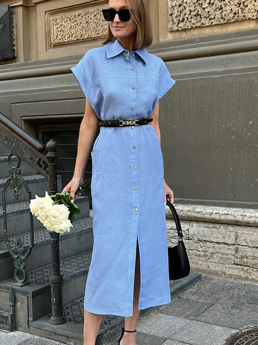 Parisian Style High-Waisted Ramie Linen Shirt Dress