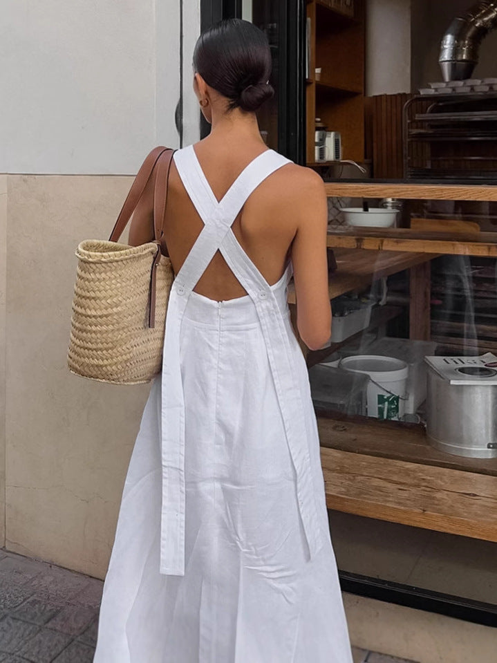 Quiet Luxury White Linen Sleeveless Midi Dress