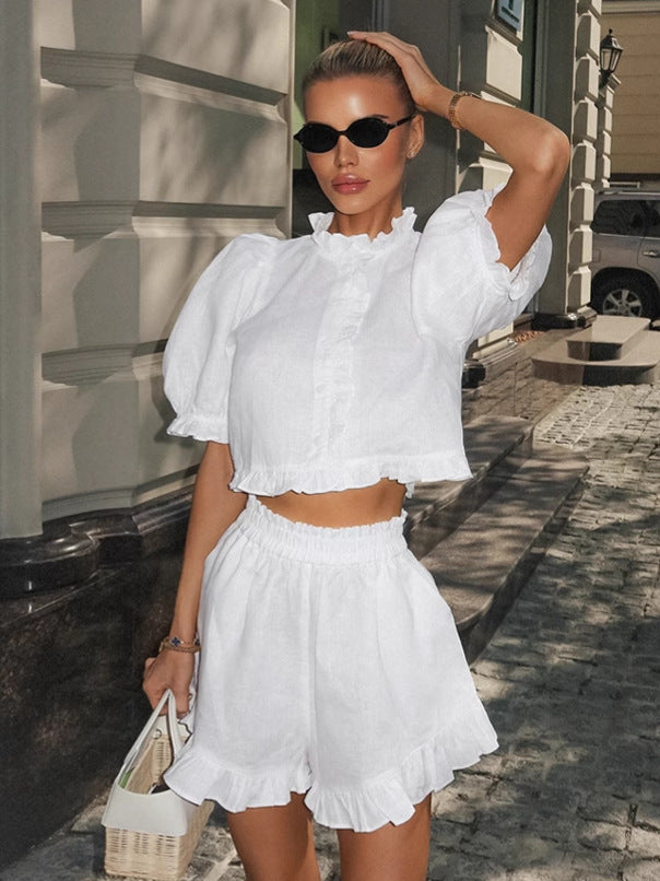 Romantic White Puff Sleeve Top & Shorts Set