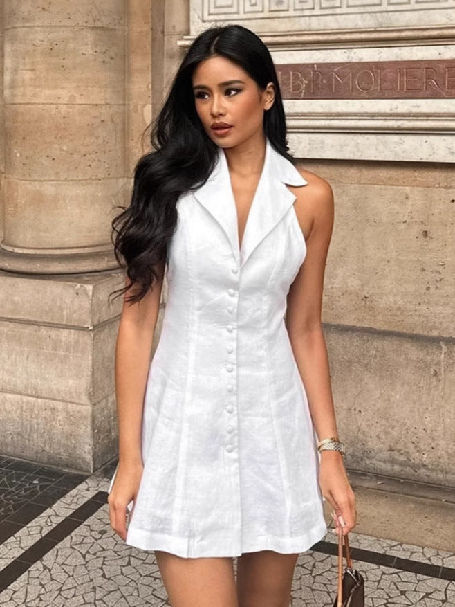 Sultry White Halter V-Neck Mini Dress