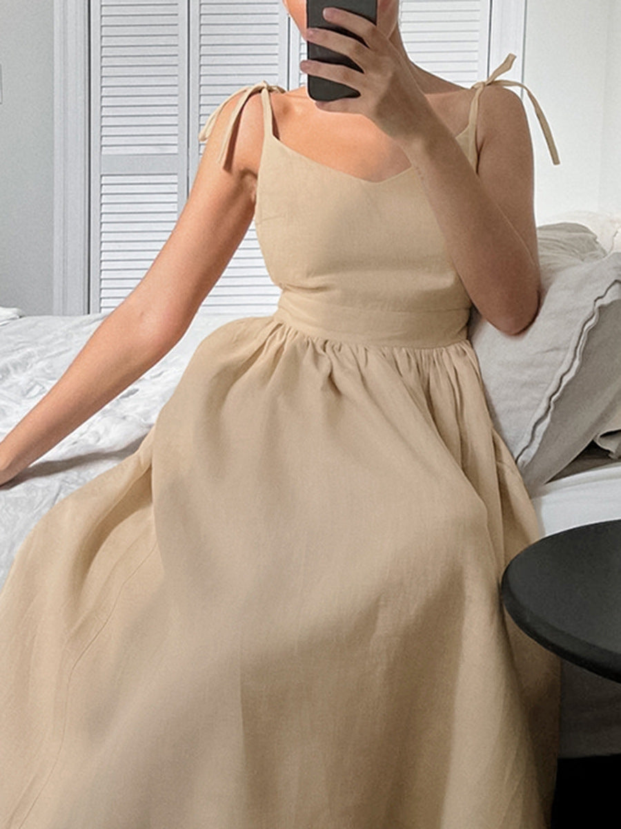 Boho Vacation Khaki Linen Cami Dress