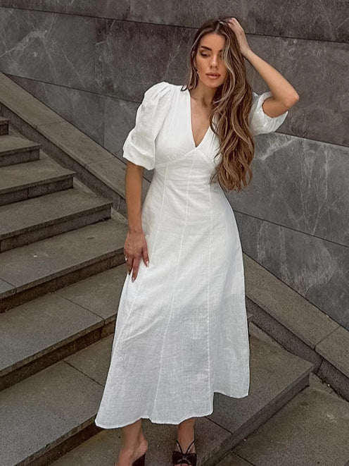 Romantic White V-Neck Puff Sleeve Midi Dress – A-Line