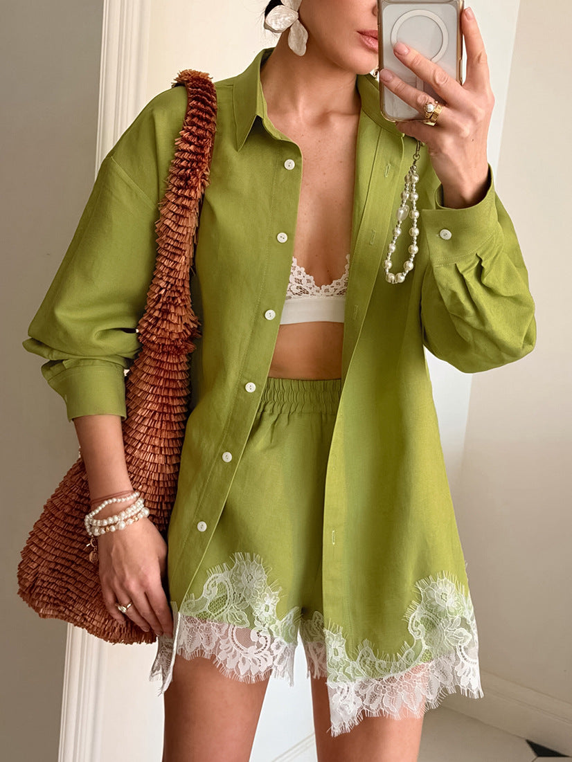 Boho Lace Patchwork Long Sleeve Shirt & Shorts Set