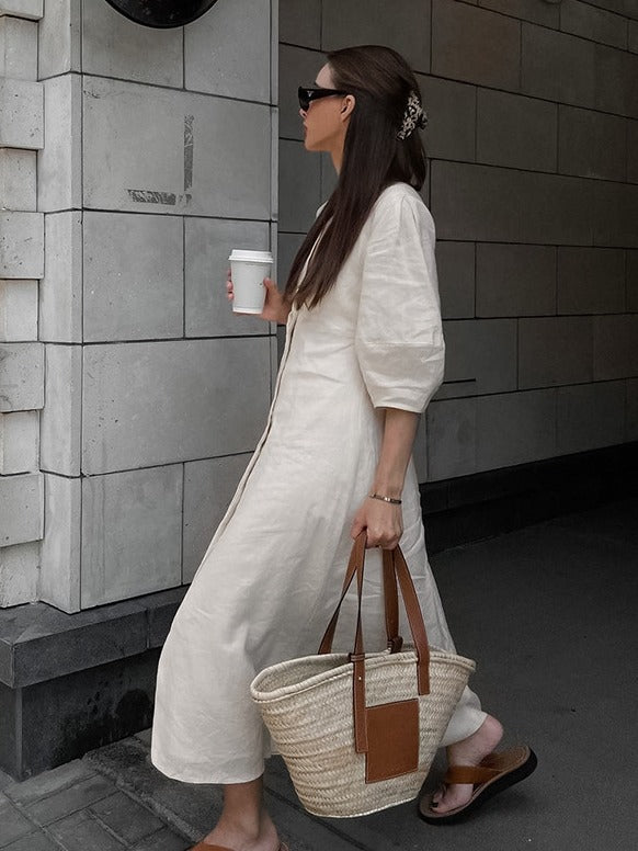 Cottagecore V-Neck Puff Sleeve Midi Dress