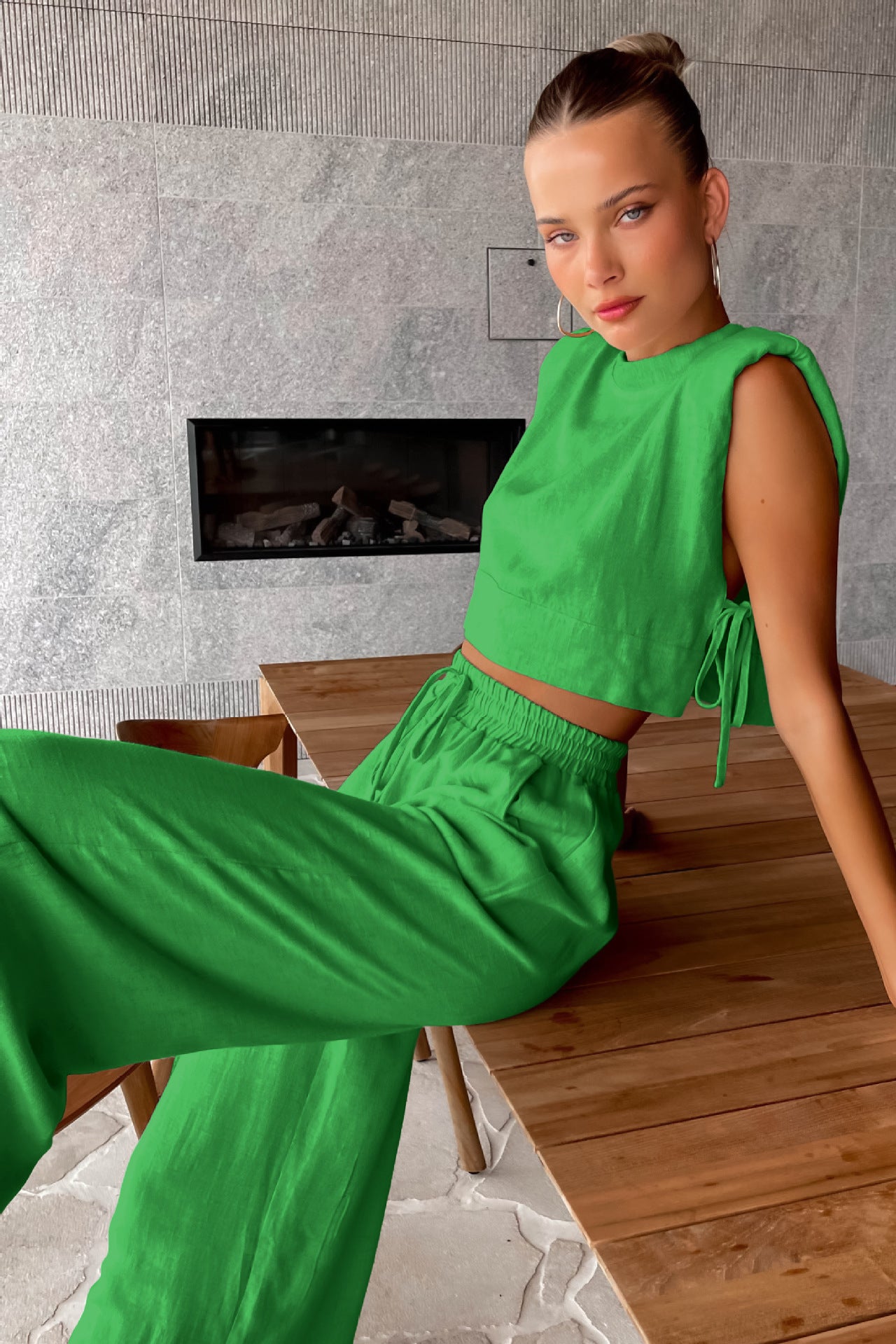Resort Wear Sleeveless Linen Tank & Trousers Set