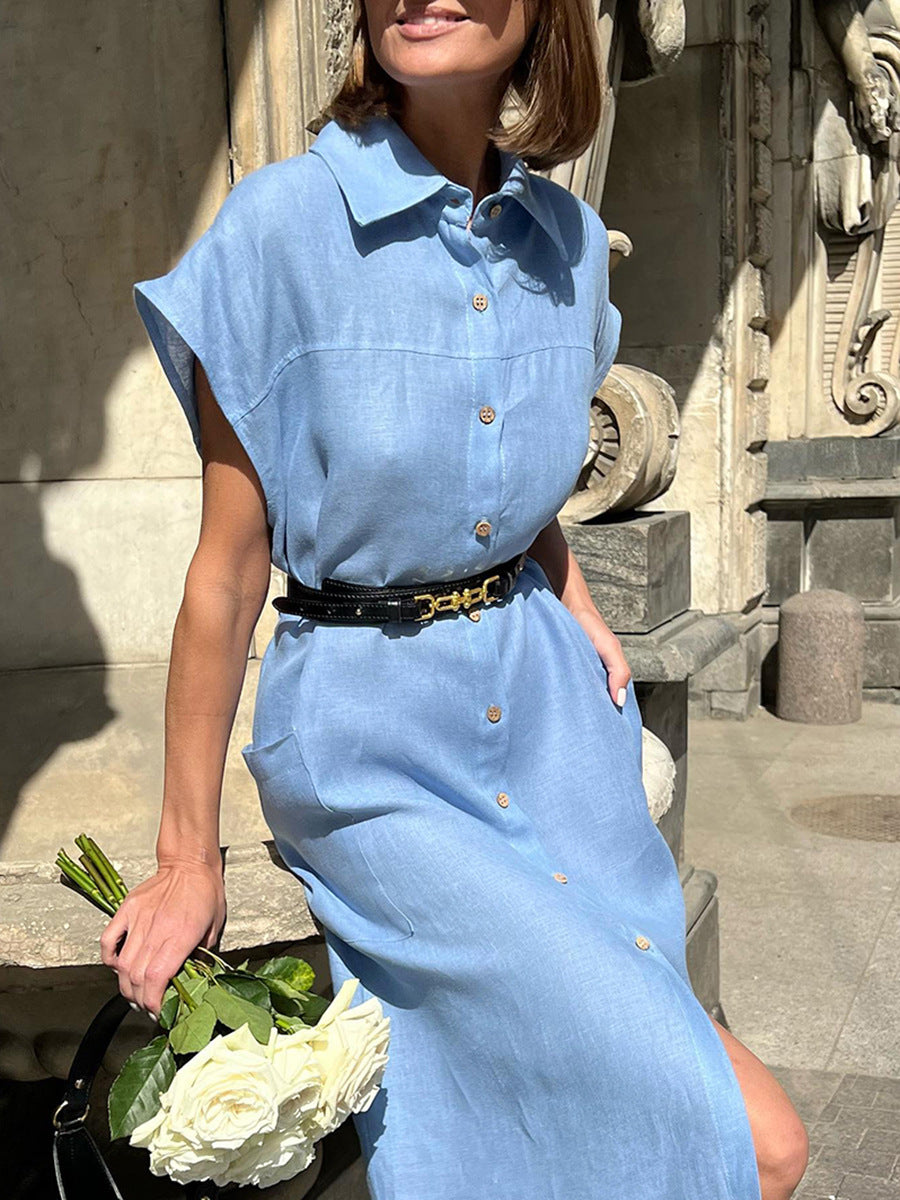Parisian Style High-Waisted Ramie Linen Shirt Dress