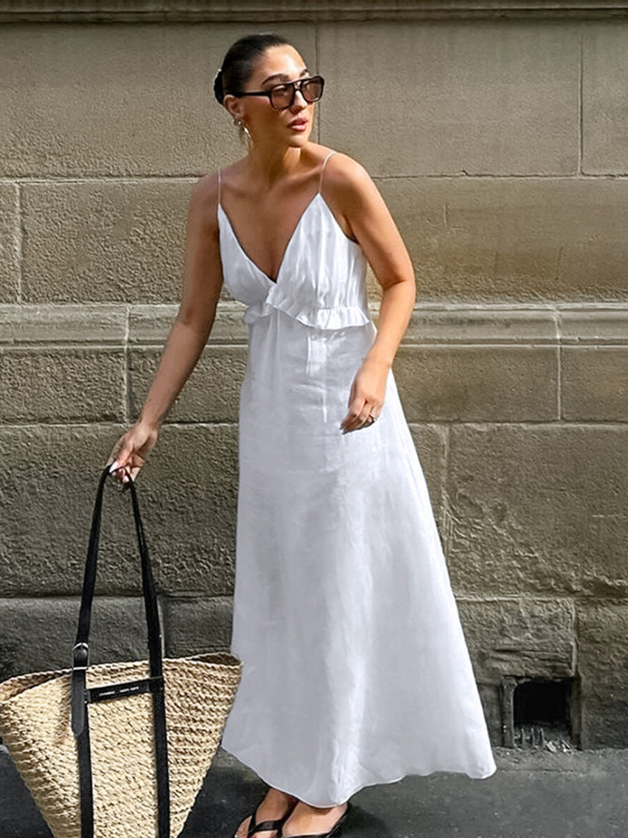 Minimalist Deep V-Neck Ruffle A-Line Dress