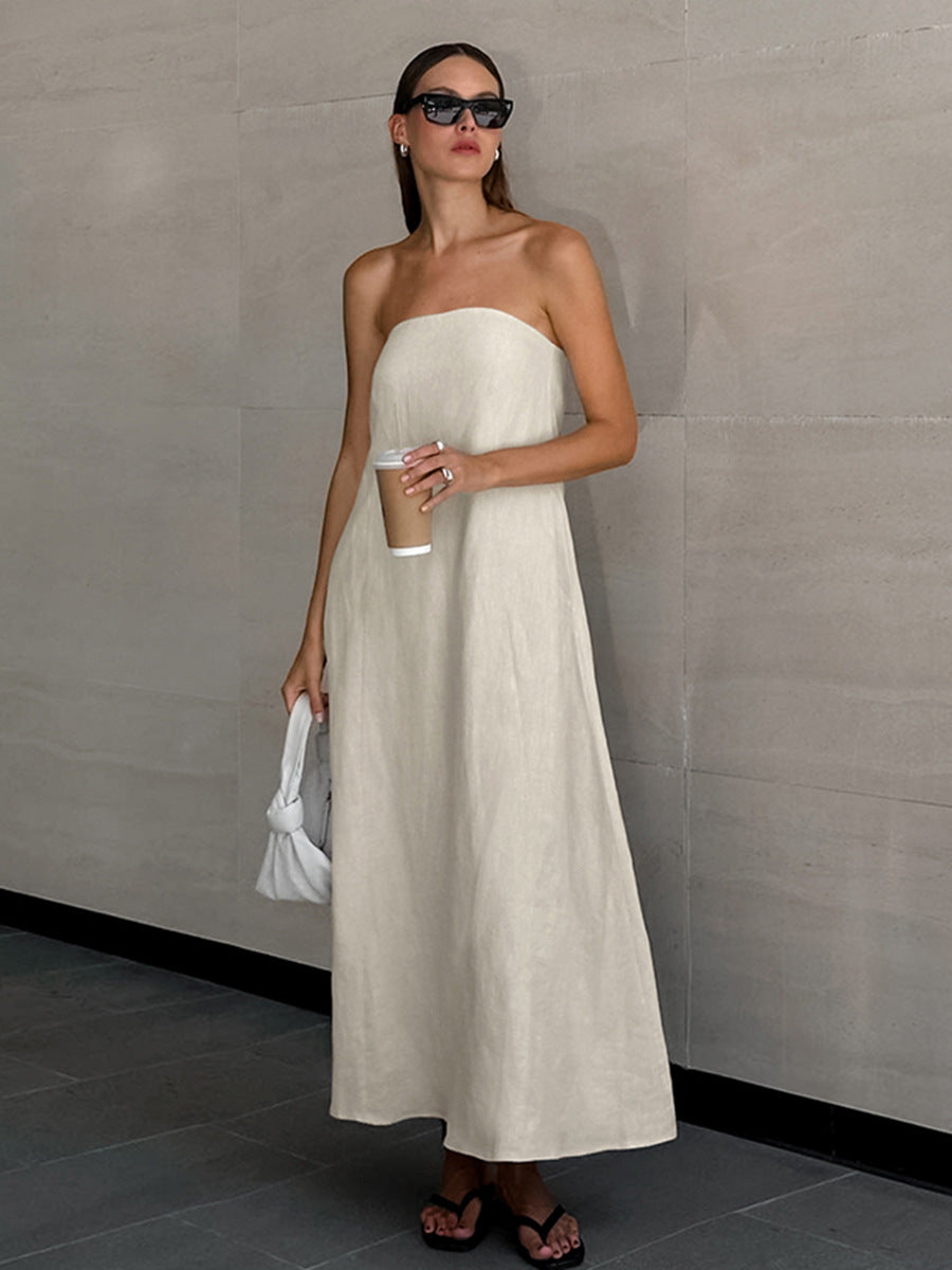Sultry Khaki Linen Strapless Tube Dress
