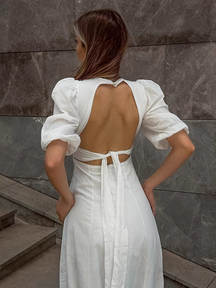 Romantic White V-Neck Puff Sleeve Midi Dress – A-Line