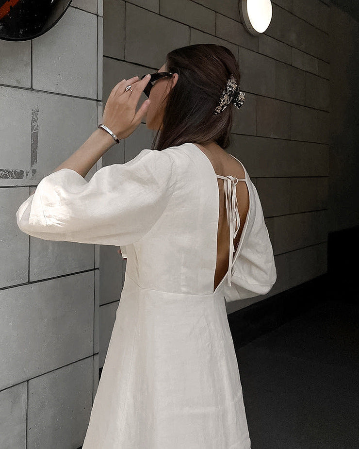 Cottagecore V-Neck Puff Sleeve Midi Dress