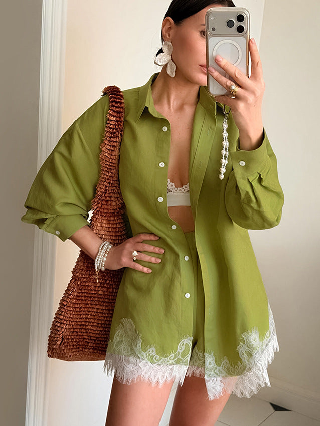 Boho Lace Patchwork Long Sleeve Shirt & Shorts Set