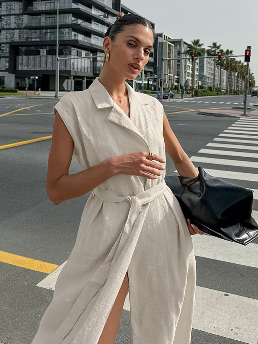 French Chic Belted Cotton-Linen Shirt Maxi Dress