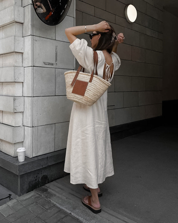 Cottagecore V-Neck Puff Sleeve Midi Dress