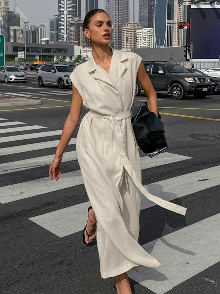French Chic Belted Cotton-Linen Shirt Maxi Dress
