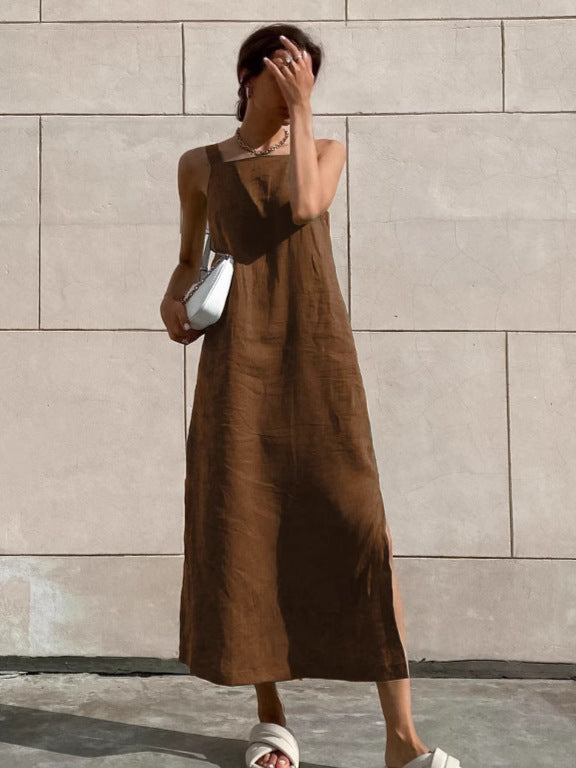 Parisian Chic Split Linen Tank Midi Dress