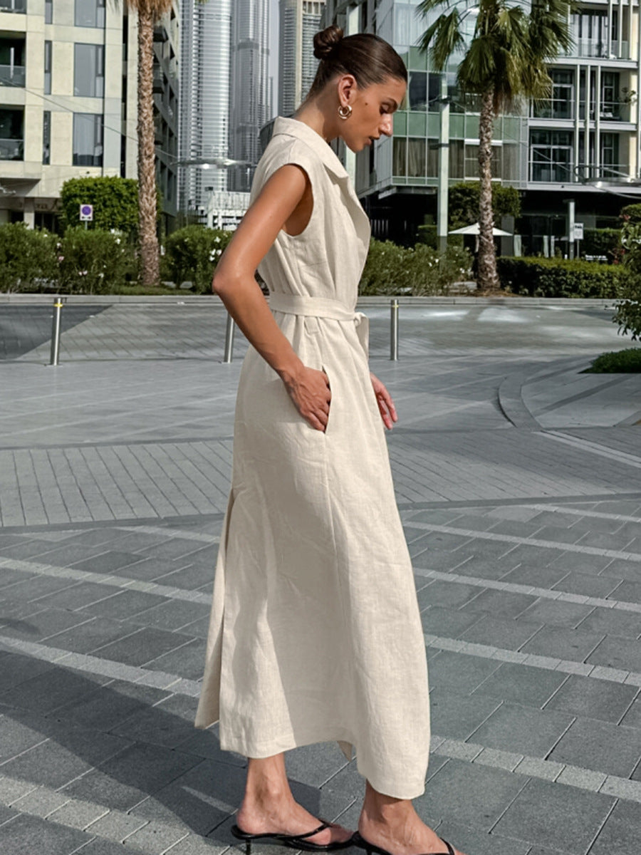 French Chic Belted Cotton-Linen Shirt Maxi Dress
