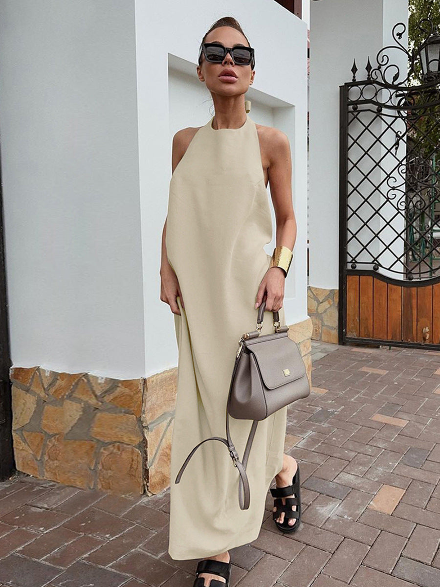 French Girl Khaki Linen Halter Maxi Dress