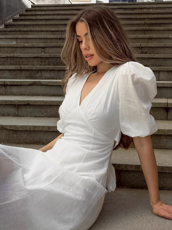 Romantic White V-Neck Puff Sleeve Midi Dress – A-Line