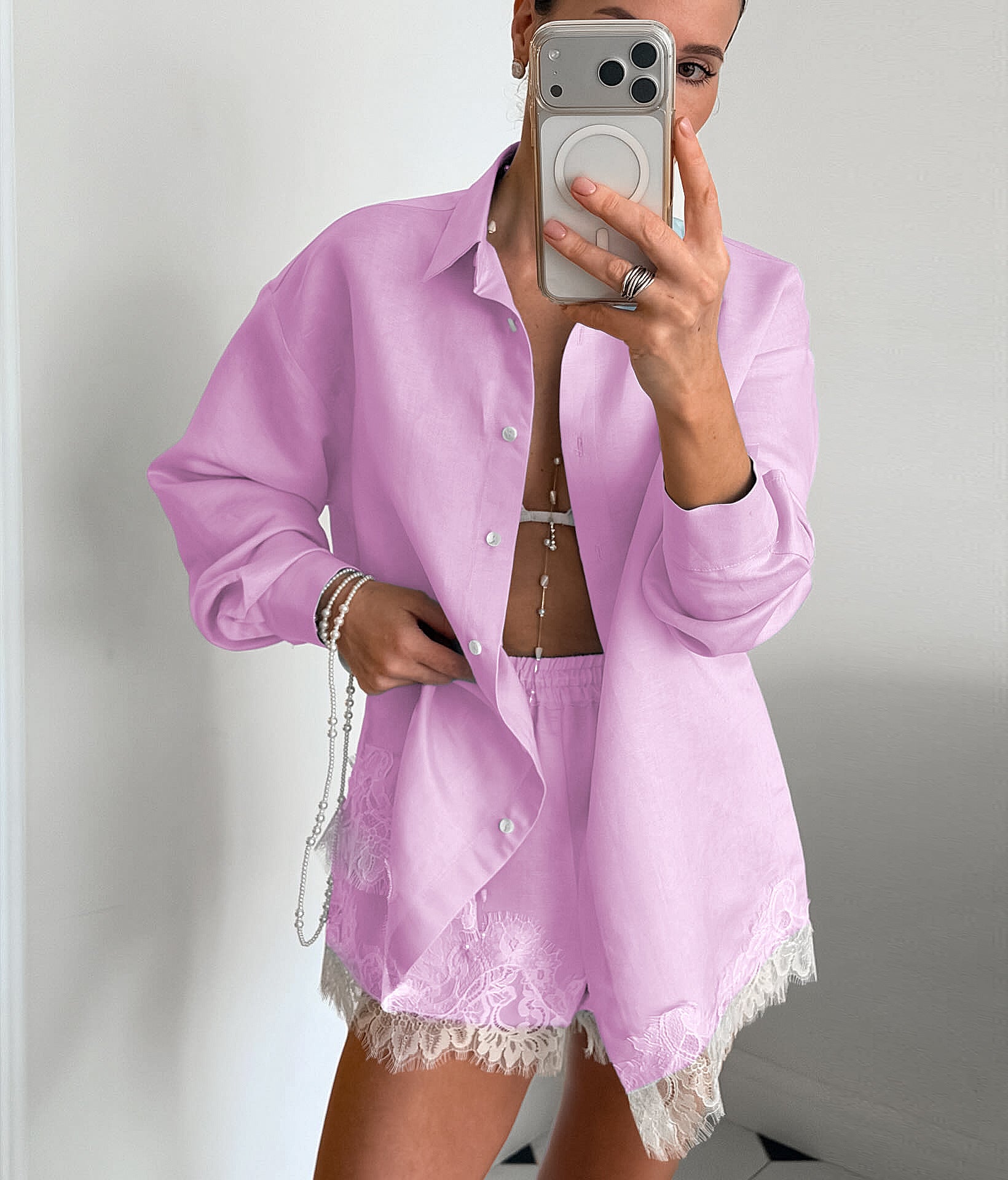 Boho Lace Patchwork Long Sleeve Shirt & Shorts Set