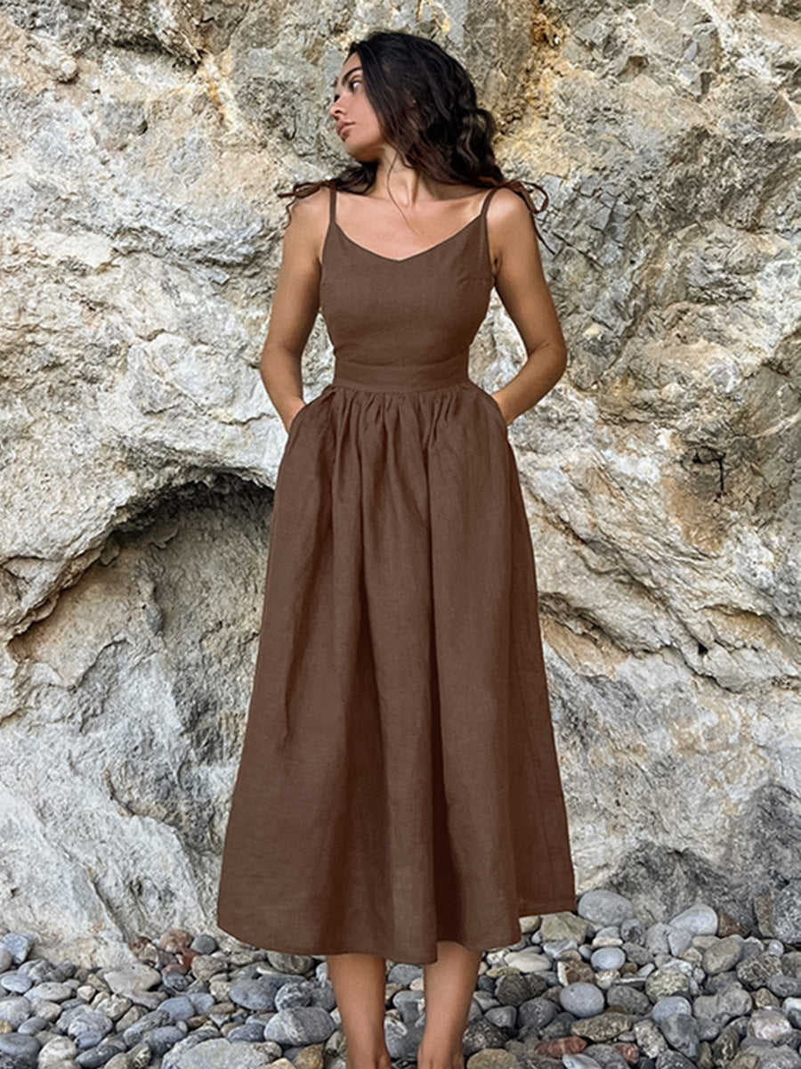 Boho Vacation Khaki Linen Cami Dress