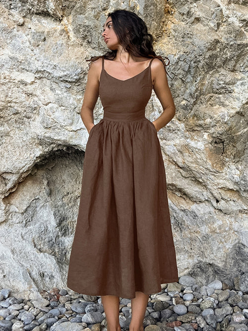 Boho Vacation Khaki Linen Cami Dress