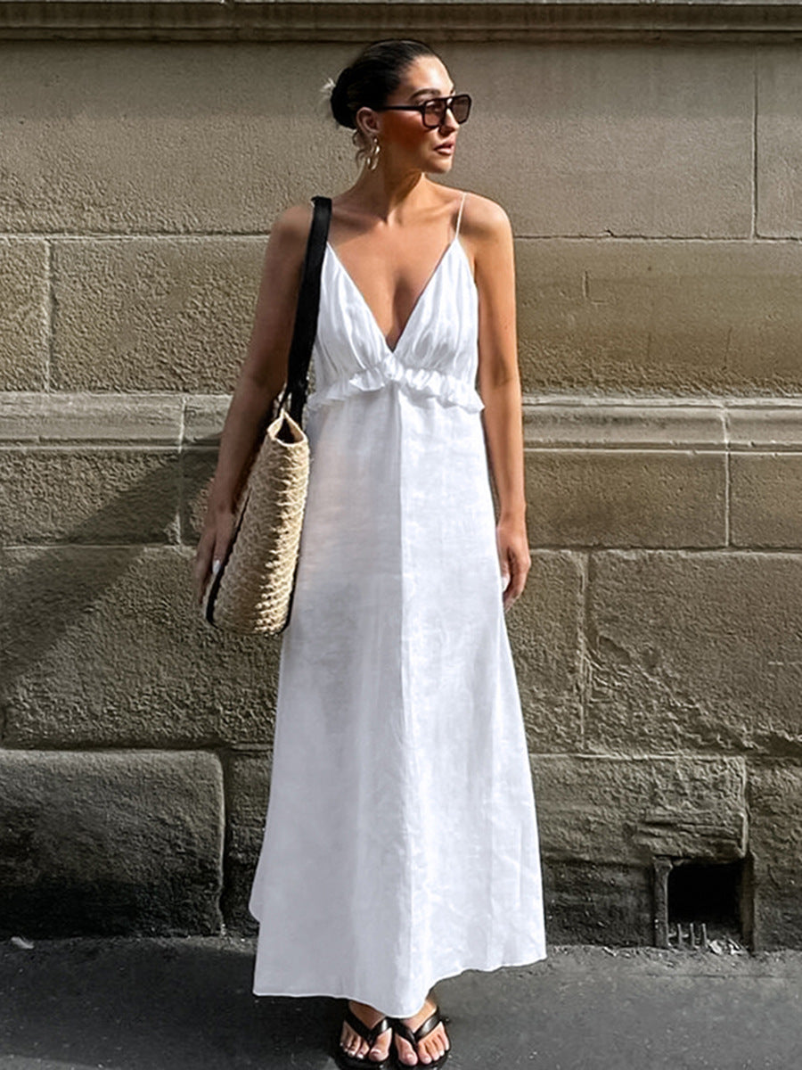 Minimalist Deep V-Neck Ruffle A-Line Dress