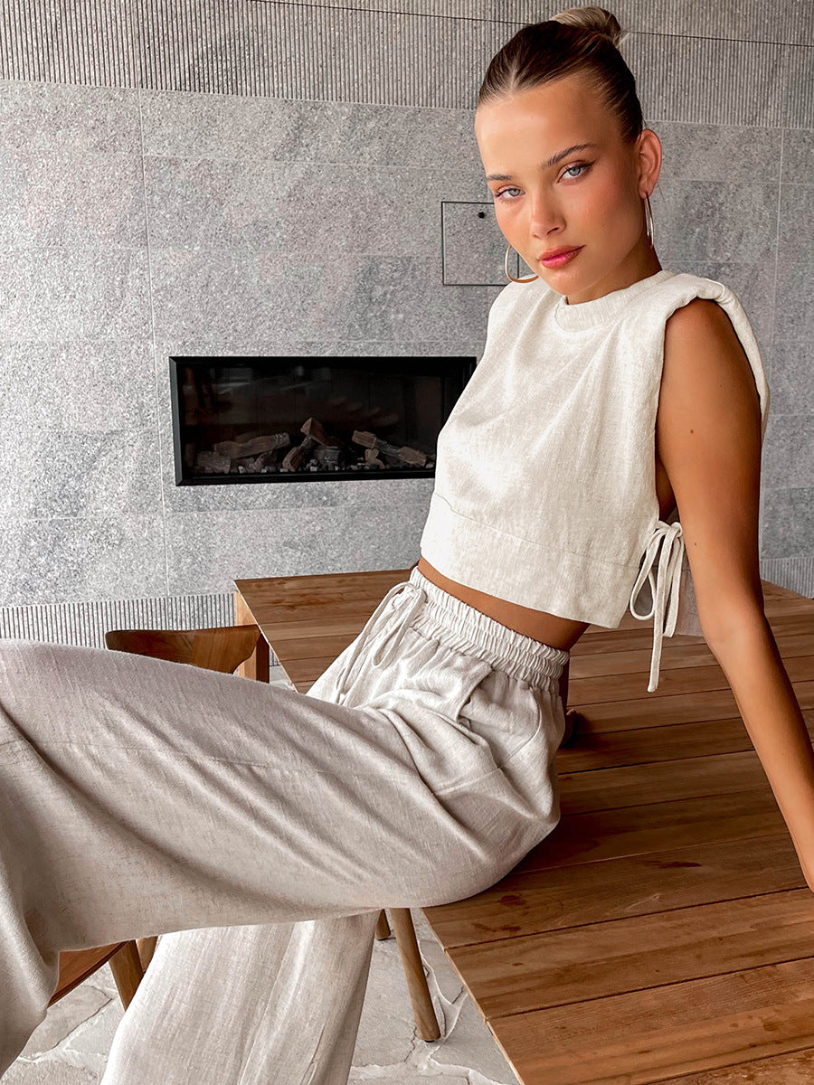 Resort Wear Sleeveless Linen Tank & Trousers Set