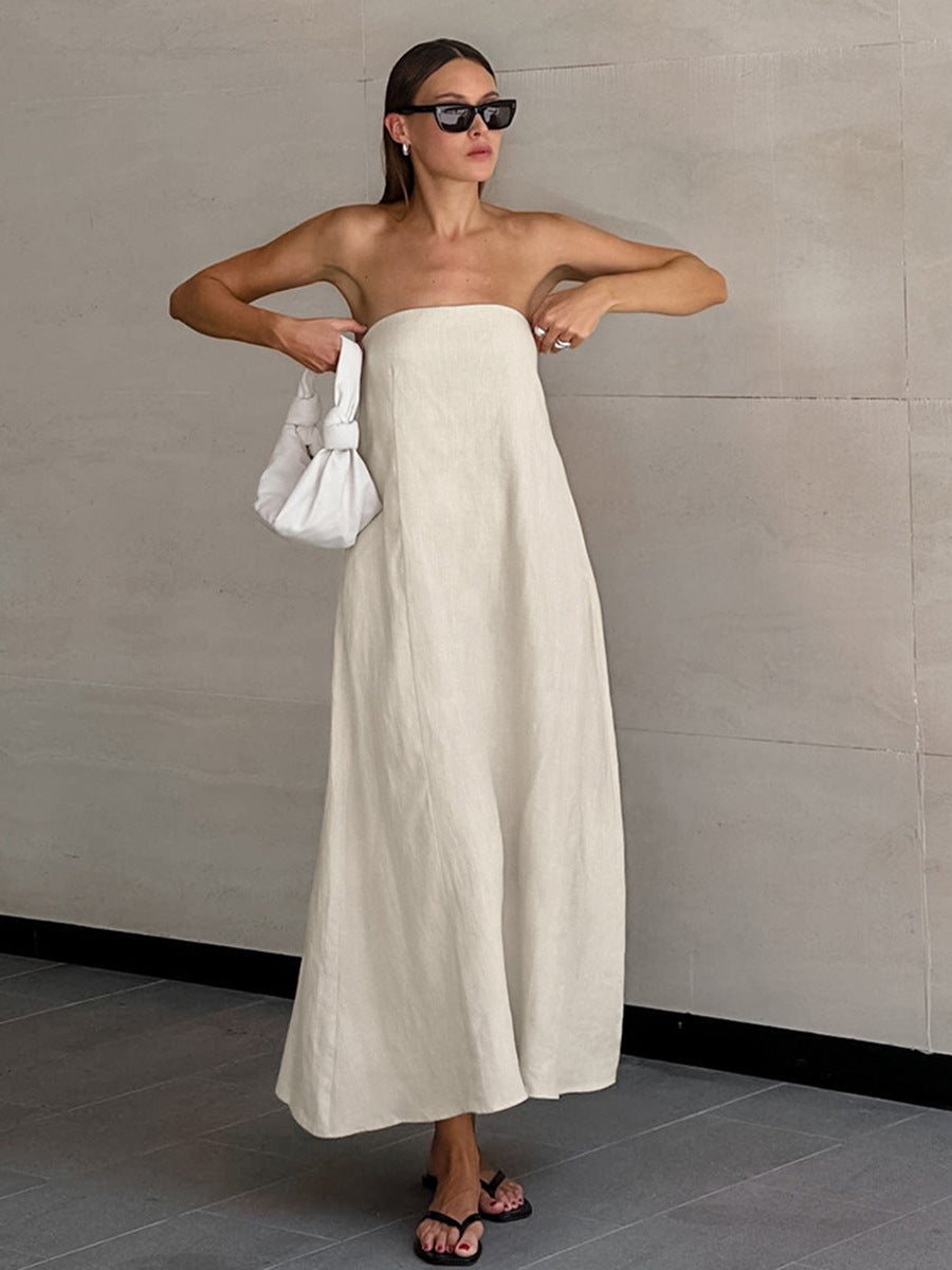 Sultry Khaki Linen Strapless Tube Dress
