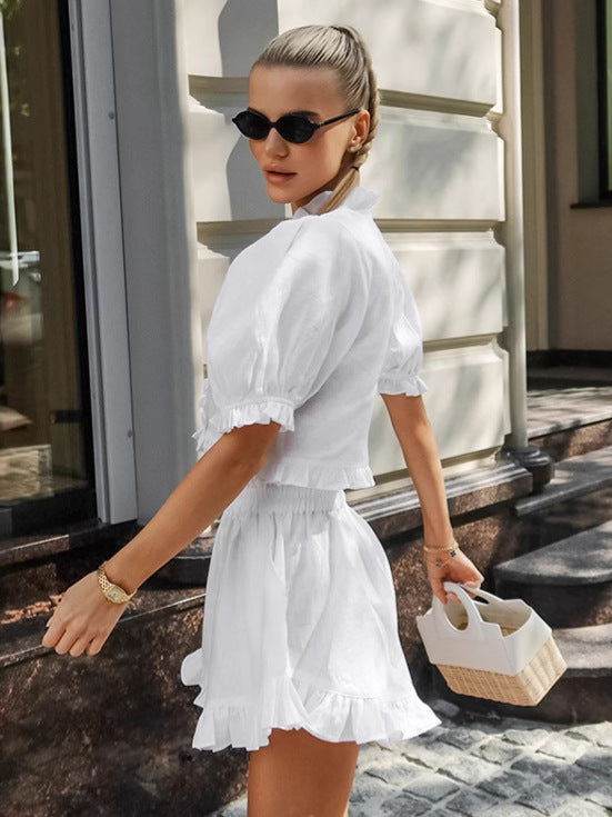 Romantic White Puff Sleeve Top & Shorts Set