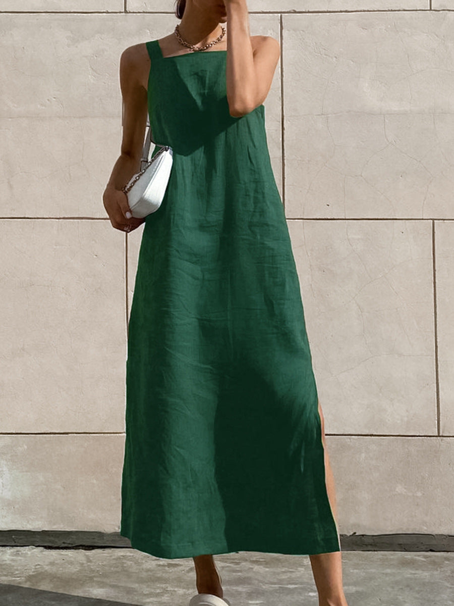 Parisian Chic Split Linen Tank Midi Dress