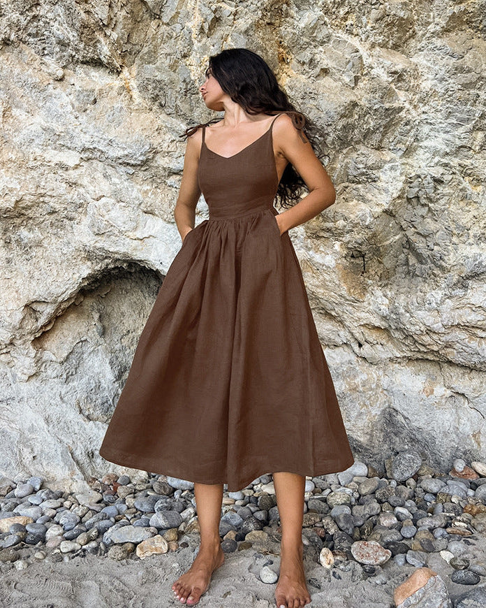 Boho Vacation Khaki Linen Cami Dress