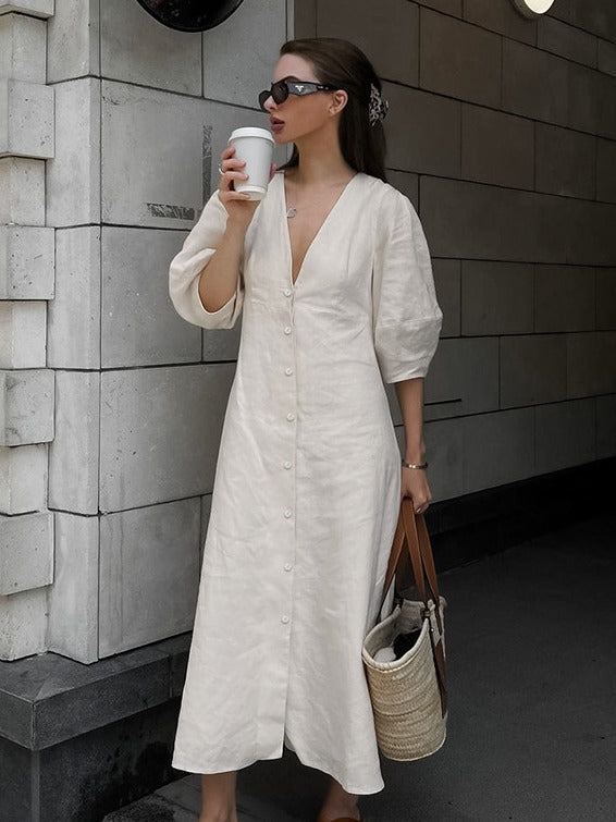 Cottagecore V-Neck Puff Sleeve Midi Dress
