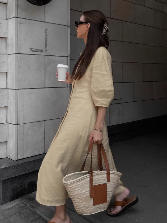 Cottagecore V-Neck Puff Sleeve Midi Dress