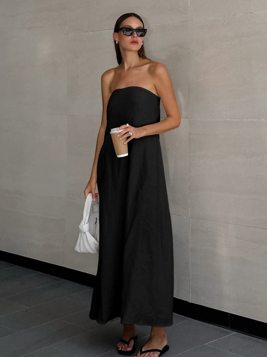 Sultry Khaki Linen Strapless Tube Dress