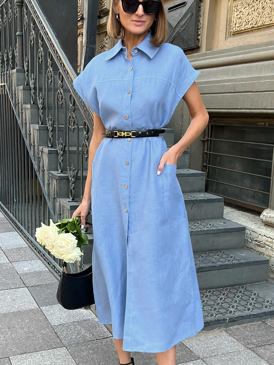Parisian Style High-Waisted Ramie Linen Shirt Dress