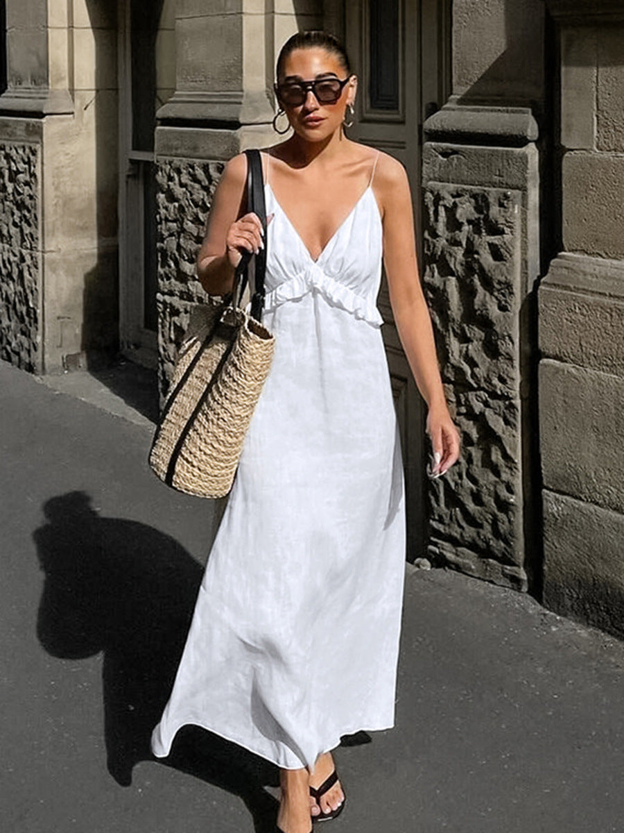 Minimalist Deep V-Neck Ruffle A-Line Dress