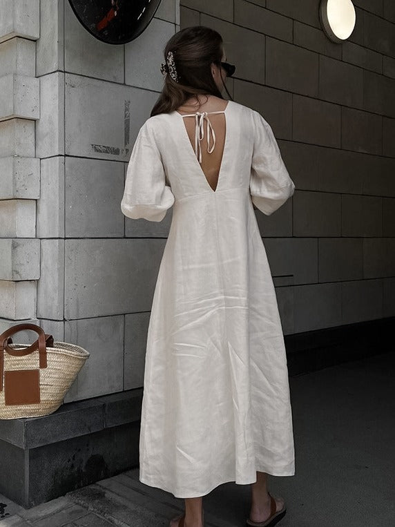 Cottagecore V-Neck Puff Sleeve Midi Dress
