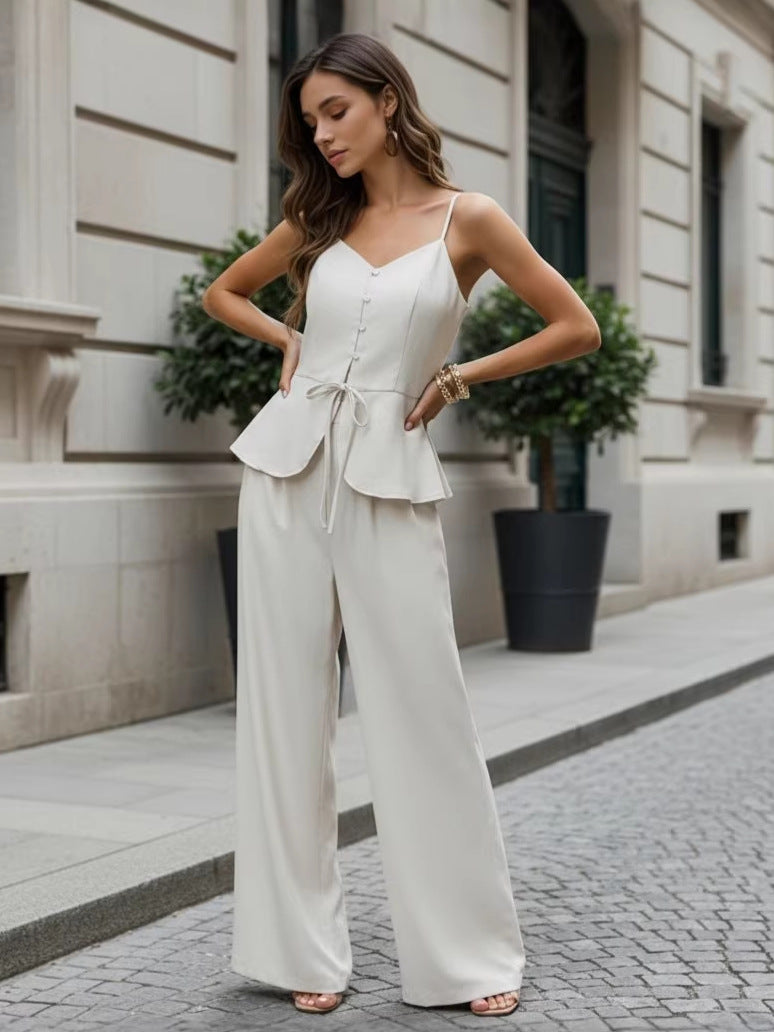 Old Money Aesthetic Khaki Linen Cami & Trousers Set