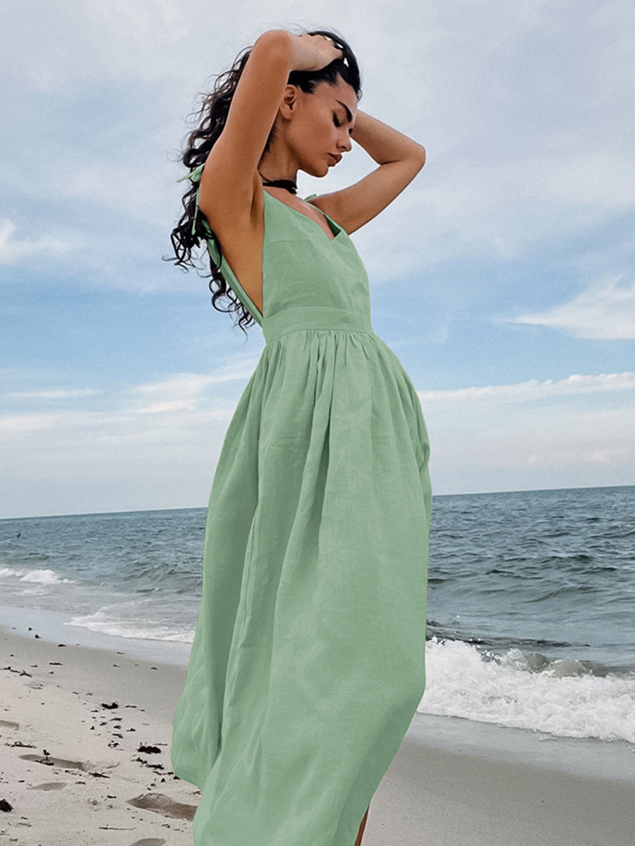Boho Vacation Khaki Linen Cami Dress