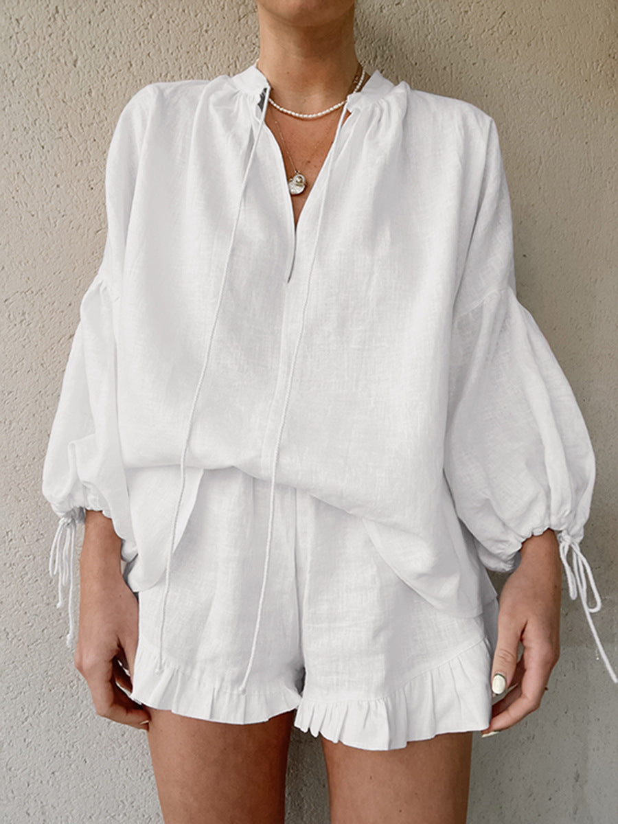 Coastal Chic Lantern Sleeve Top & Shorts Set