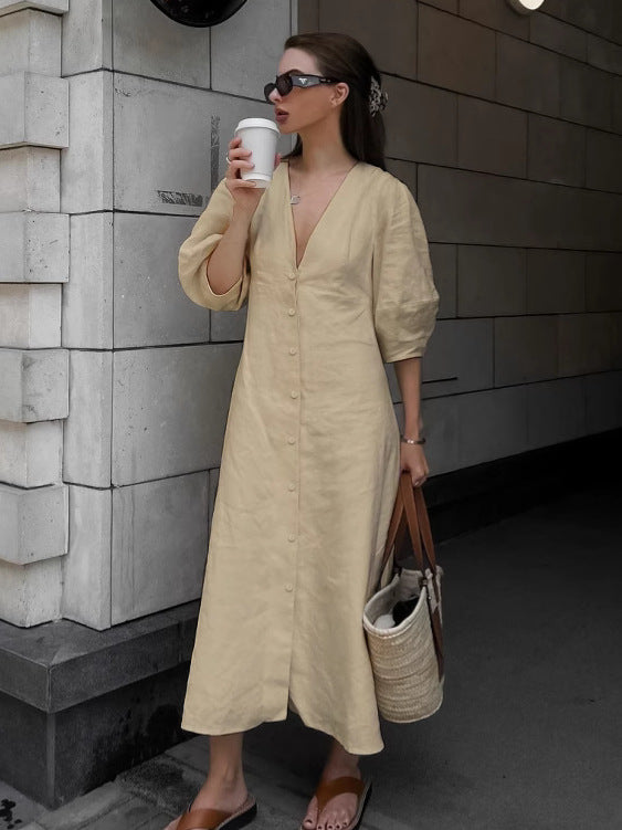 Cottagecore V-Neck Puff Sleeve Midi Dress