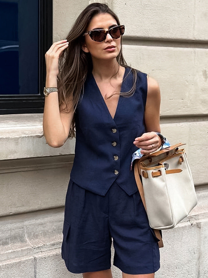 Navy Linen Sleeveless Vest & Shorts Set
